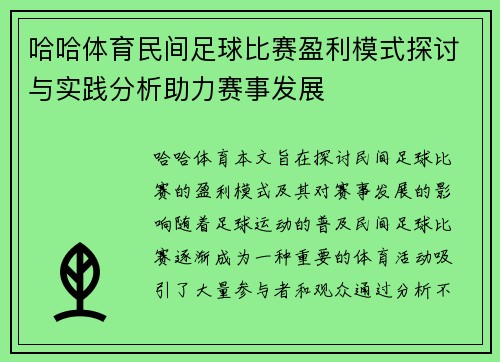 哈哈体育民间足球比赛盈利模式探讨与实践分析助力赛事发展