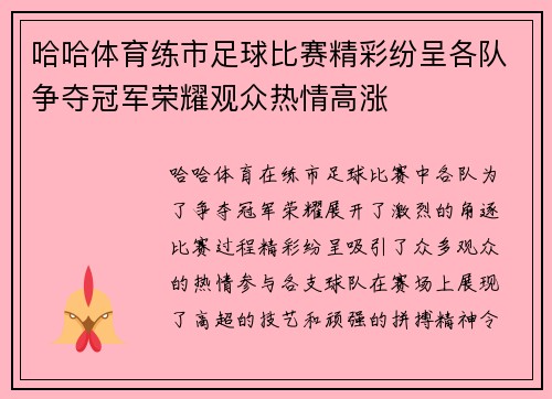 哈哈体育练市足球比赛精彩纷呈各队争夺冠军荣耀观众热情高涨