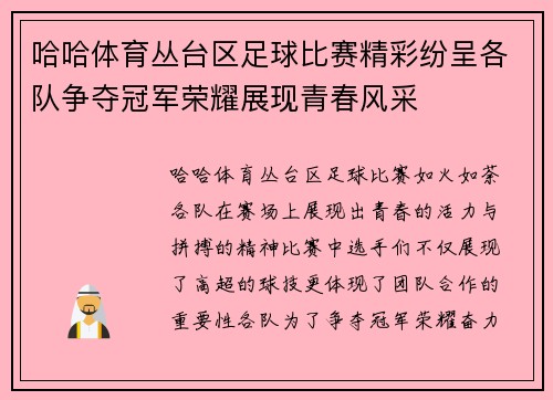 哈哈体育丛台区足球比赛精彩纷呈各队争夺冠军荣耀展现青春风采