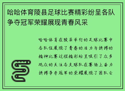 哈哈体育陵县足球比赛精彩纷呈各队争夺冠军荣耀展现青春风采